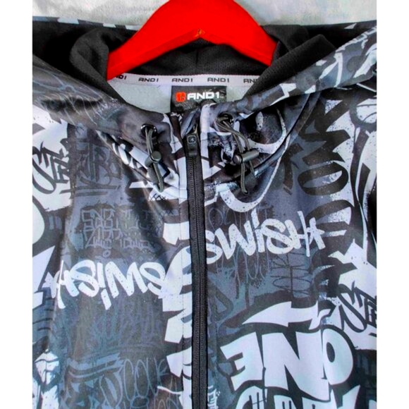 AND1 Black Grey Graffiti Full Zip Y2K Streetwear Hoodie Jacket Size Medium - Picture 3 of 13